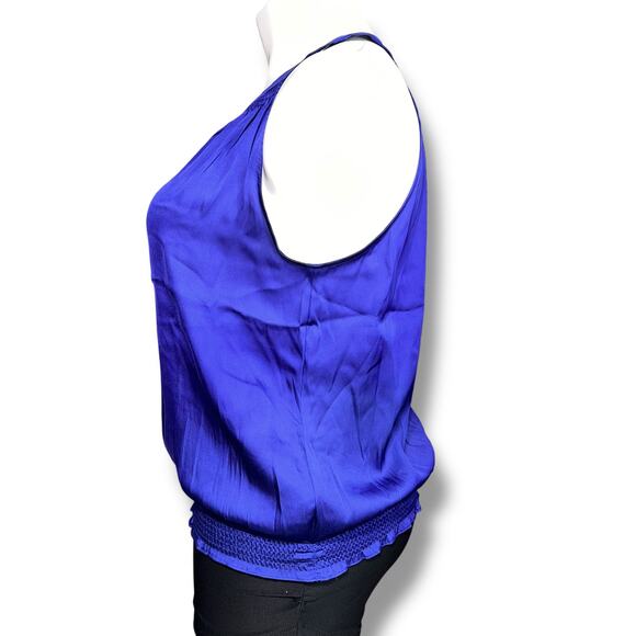 ana Womens Blouse Shirt Top Satin Halter Top Smocked Bubble Hem Blue Purple Lar - Picture 4 of 8